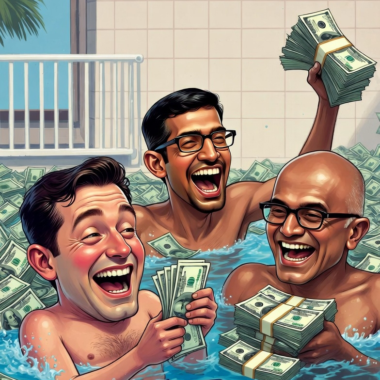 AWS CEO Matt Garman, Google CEO Sundai Pinchar, and Microsoft CEO Satya Nadella swimming in cash.